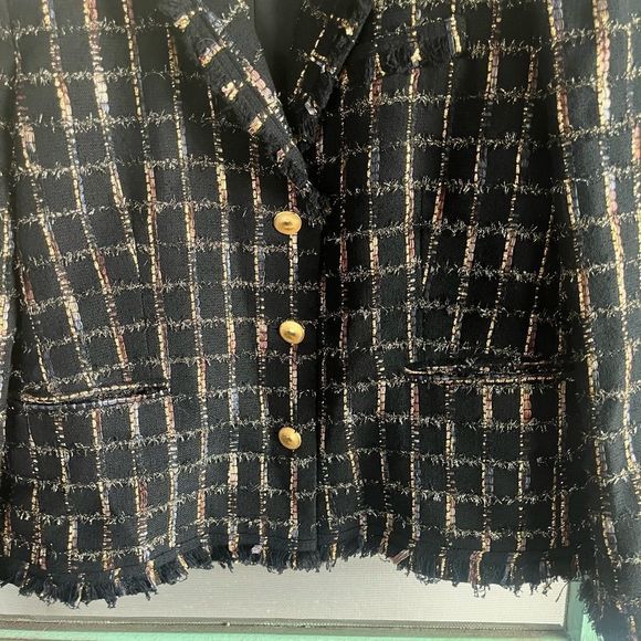 Alice + Olivia Black Tweed Frayed Metallic Detail Button Down Blazer Jacket Lg - Picture 6 of 8